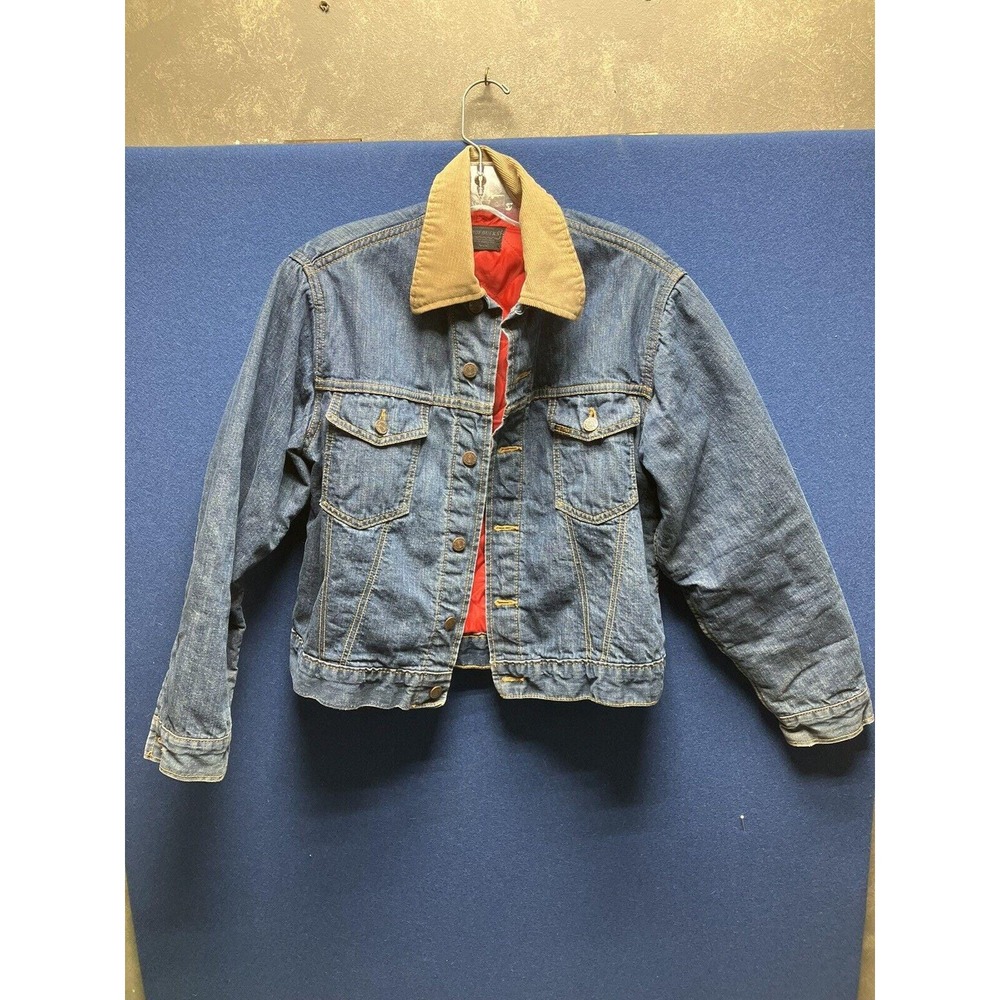 Sears Roebuck Denim Jacket Size 38 R Tan Corduroy Collar Red Lined Metal Buttons